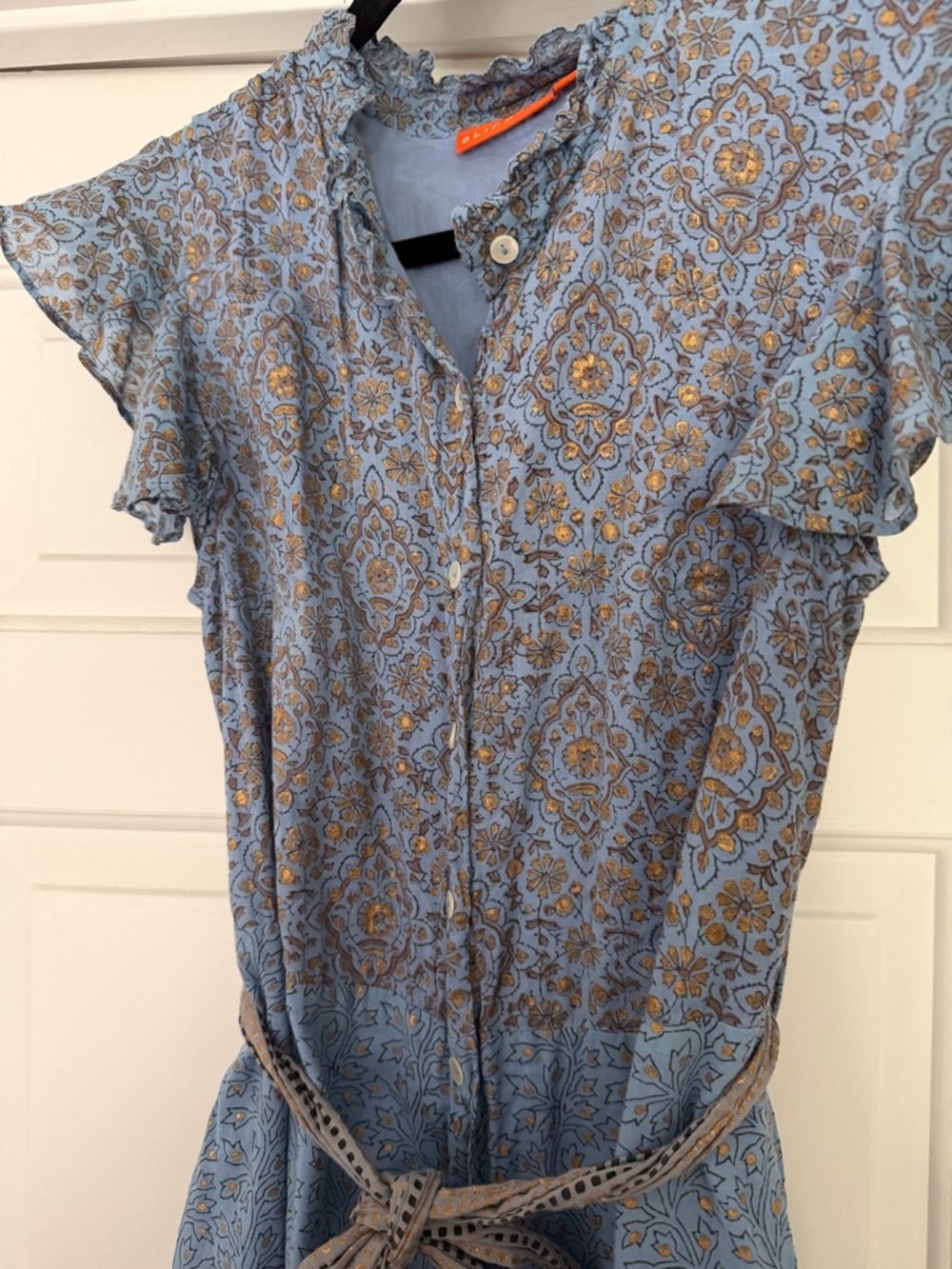 Oliphant Light Blue Printed Button-Front Maxi Dress with Waist Tie - Picture 4 of 5